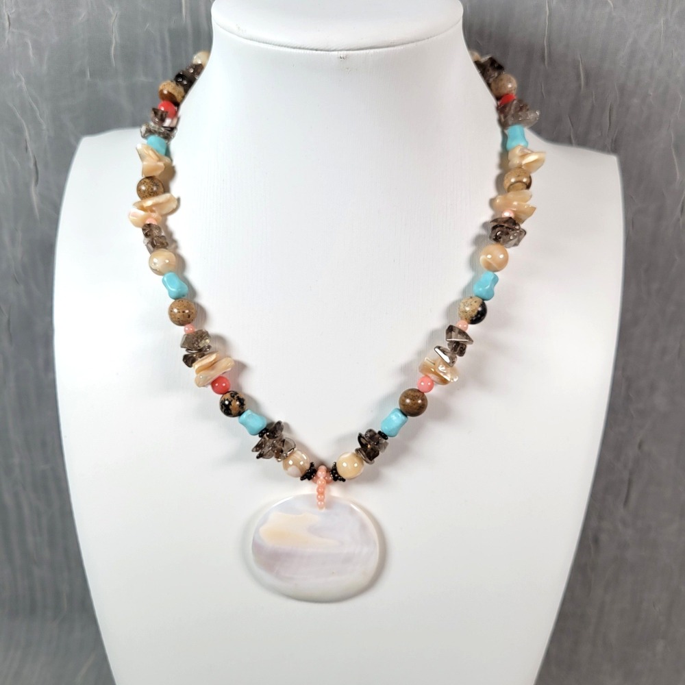 Mother of Pearl Smoky Quartz Mixed Stone Beaded Pendant Necklace 18"